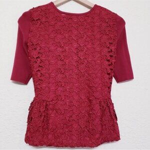 Ann Taylor Peplum Sweater Lace Overlay Back Classy Pullover Short Sleeve Sweater